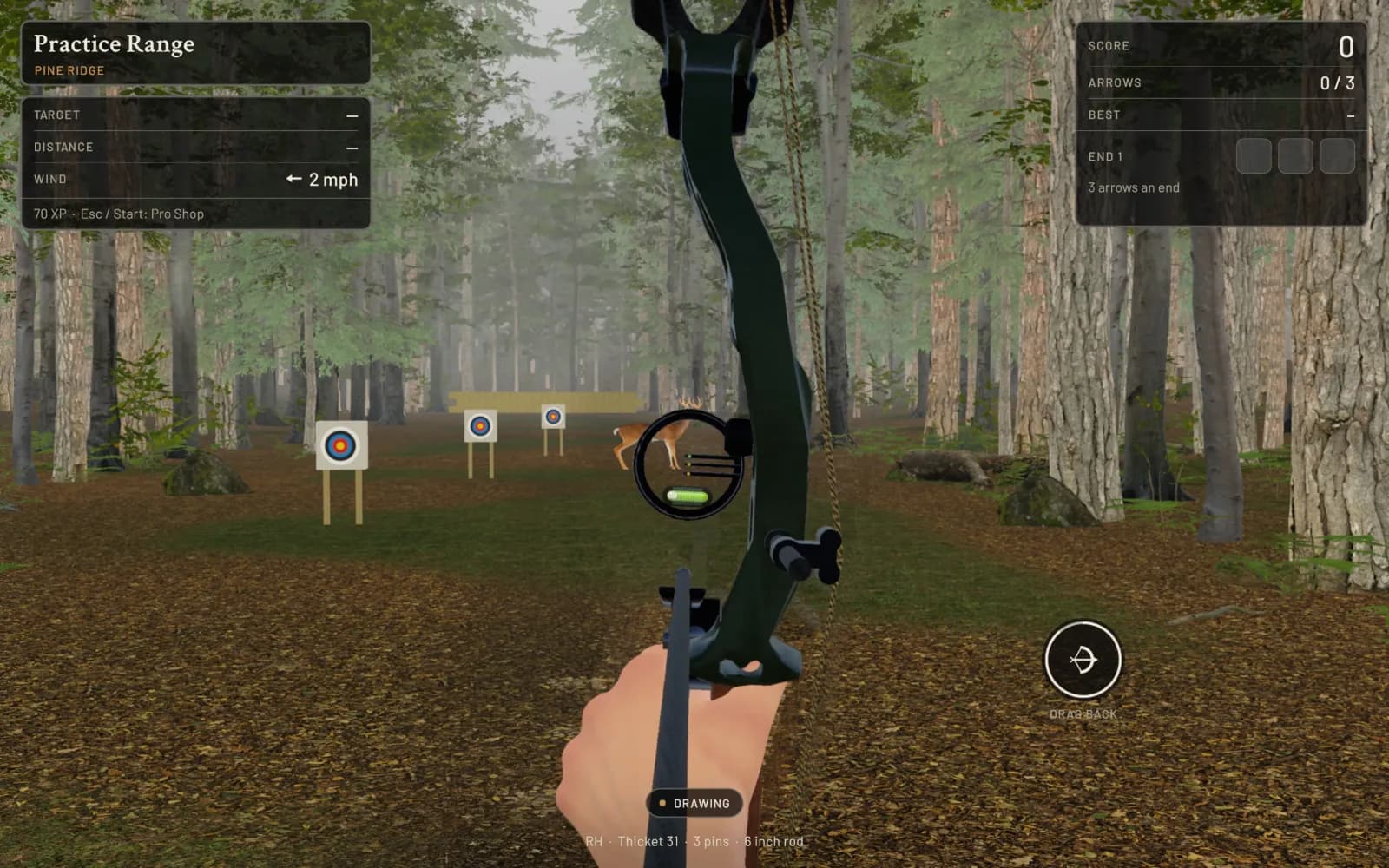 Drawing the bow on the practice range on Mac, the sight over a target down the lane