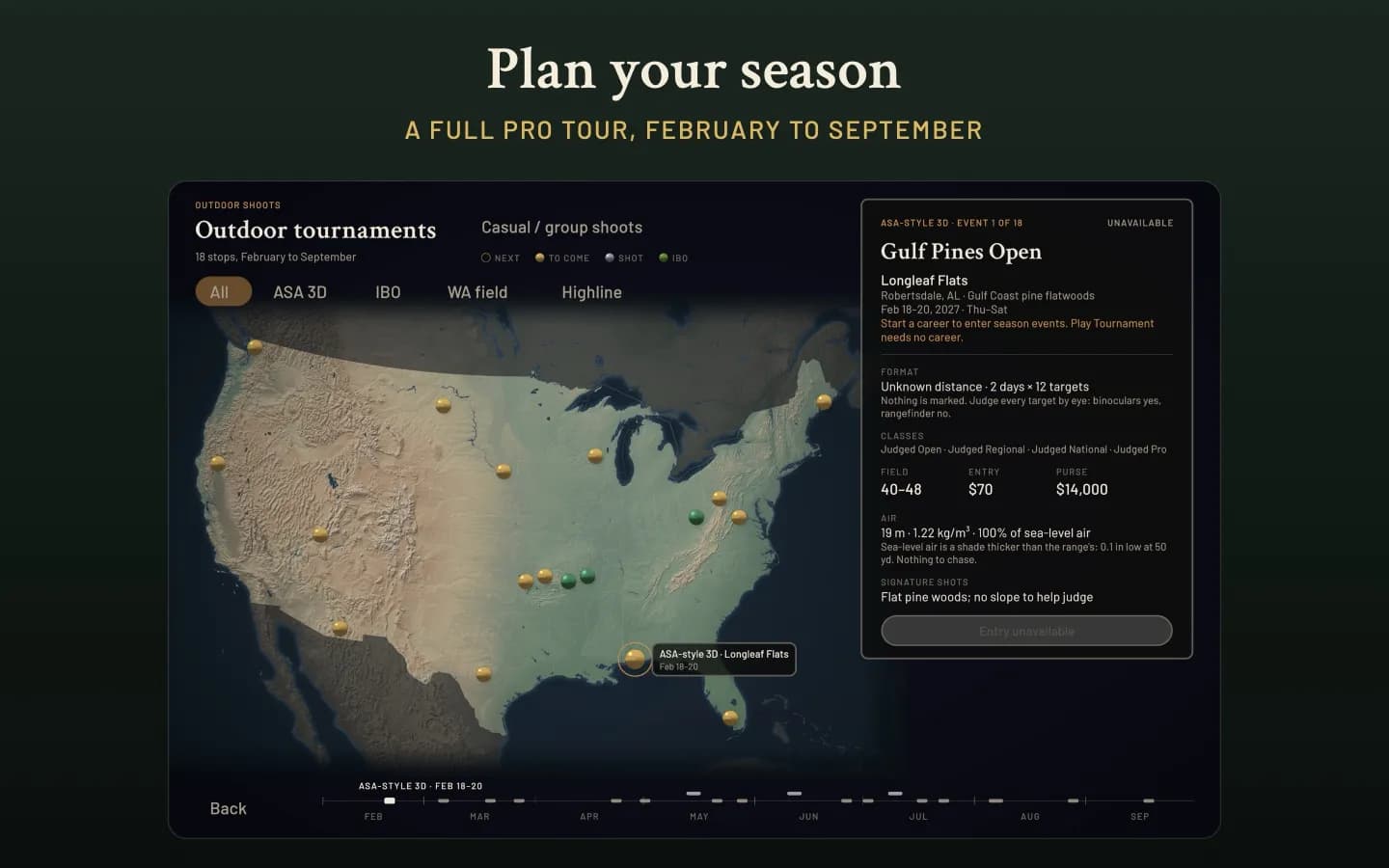 The season map of outdoor tournaments across the United States